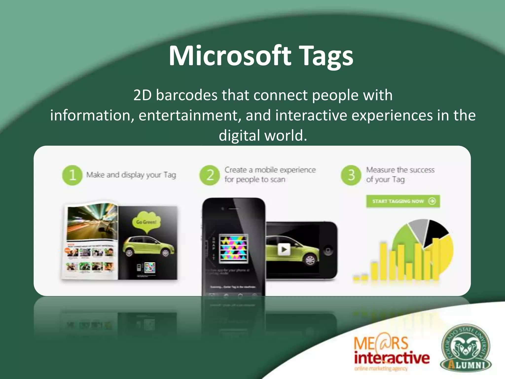 Microsoft Tags
            2D barcodes that connect people with
information, entertainment, and interactive experiences in the
                       digital world.
 