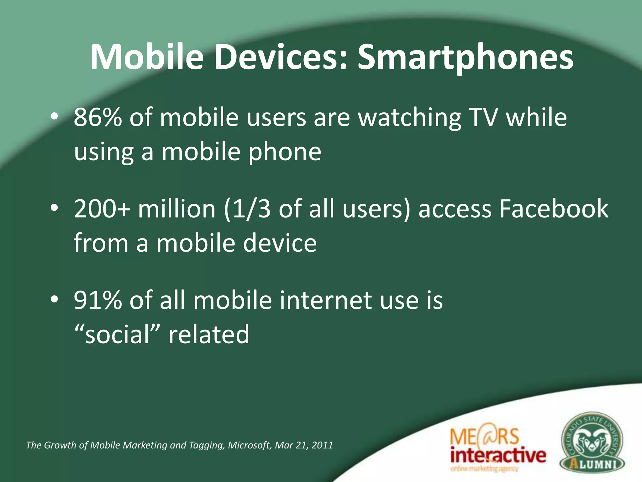 Mobile Devices: Smartphones
     • 86% of mobile users are watching TV while
       using a mobile phone
     • 200+ million (1/3 of all users) access Facebook
       from a mobile device
     • 91% of all mobile internet use is
       “social” related


The Growth of Mobile Marketing and Tagging, Microsoft, Mar 21, 2011
 