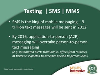 Texting | SMS | MMS
      • SMS is the king of mobile messaging – 9
        trillion text messages will be sent in 2012

 ...