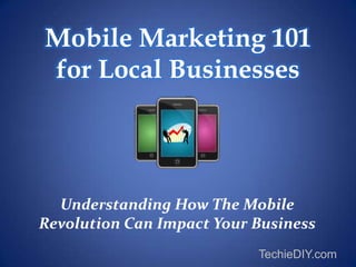 Mobile Marketing 101
for Local Businesses




  Understanding How The Mobile
Revolution Can Impact Your Business
                           TechieDIY.com
 