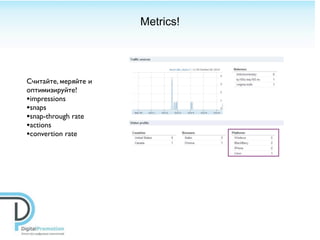 Metrics!




Cчитайте, меряйте и
оптимизируйте!
•impressions
•snaps
•snap-through rate
•actions
•convertion rate
 