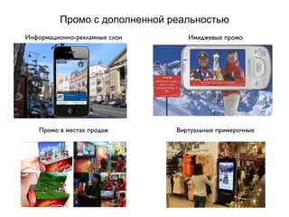 Промо с дополненной реальностью
Информационно-рекламные слои      Имиджевые промо




   Промо в местах продаж       Виртуальные примерочные
 