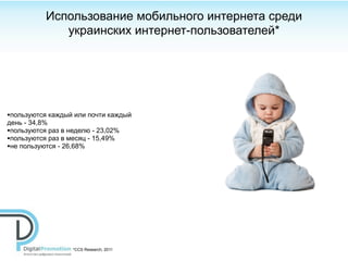 Использование мобильного интернета среди
              украинских интернет-пользователей*




•пользуются каждый или почти каждый
день - 34,8%
•пользуются раз в неделю - 23,02%
•пользуются раз в месяц - 15,49%
•не пользуются - 26,68%




                   *ССS Research, 2011
 
