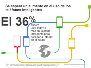 Se espera un aumento en el uso de los
teléfonos inteligentes



El                  36 %                               espera
                                                       usar todavía
                                                       más su teléfono
                                                       inteligente para
                                                       acceder a Internet
                                                       en el futuro




Base: Usuarios particulares de teléfonos inteligentes que utilizan Internet en general; teléfonos inteligentes n= 1.000   Información confidencial y propiedad de Google   11
P21: Si tiene en cuenta los próximos 12 meses, ¿cuáles son sus expectativas y cómo utilizará Internet con su… ?
 