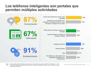 Los teléfonos inteligentes son portales que
permiten múltiples actividades


                                      87%
                                                                                   Usó el correo electrónico (envió o leyó
                                                                                                                                                                   76%
                                                                                                               mensajes)
                                                                                          Accedió a una red social (p. ej.,
                                                                                  actualizó un mensaje de estado, revisó                                          73%
                                                                                      mensajes o la página de un amigo)
                                        Comunicación

                                                                                    Revisó sitios web, blogs o paneles de



                                      67%
                                                                                                                                                        50%
                                                                                                                mensajes

                                                                                           Leyó las noticias en portales de
                                                                                                                                                       49%
                                                                                                         noticias o revistas
                                            Información

                                                                                                          Navegó por Internet                                     73%




                                      91%
                                                                                                              Escuchó música                                    68%


                                                                                                                          Jugó                             57%

                                                                                         Vio videos en un sitio web de uso
                                     Entretenimiento                                          compartido de videos (p. ej.,                             50%
                                                                                                            YouTube.com)


Base: Usuarios particulares de teléfonos inteligentes que utilizan Internet en general; teléfonos inteligentes n= 1.000
                                                                                                                            Información confidencial y propiedad de Google   16
P23: ¿Cuál de las siguientes actividades lleva a cabo en su teléfono inteligente? Indique, incluso, si alguna vez llevó
      a cabo estas actividades.
 
