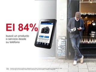 El 84%
buscó un producto
o servicio desde
su teléfono




Base: Usuarios particulares de teléfonos inteligentes que utilizan Internet en general; teléfonos inteligentes n= 1.000   Información confidencial y propiedad de Google   27
P51a: ¿En qué lugar se encontraba cuando buscó productos o servicios desde su teléfono inteligente?
 