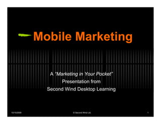 Mobile Marketing

                A “Marketing in Your Pocket”
                     Presentation from
               Second Wind Desktop Learning



10/15/2009                © Second Wind Ltd.   1
 