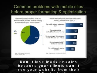 Common problems with mobile sites
before proper formatting & optimization




     D o n ’ t lo s e le a d s o r s a le s
   b e c a u s e y o u r c lie n t s c a n ’ t
   s e e y o u r w e b s it e f r o m t h e ir
 