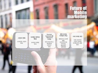 시장의 변화
스마트폰 시장의
확대
마케팅 영역의
확장
모바일 마케팅
전개
Branded
Application을
기본으로 한
마케팅
위치기반서비스
증강현실
QR코드
SNS
향후 모바일
마케팅의 핵심
매체간의 신선한
결합,
오프라인으로
이어지는
환상적인
경험제공
미래 마케팅 제안
기존 오프라인
기반의 모바일
마케팅과의 결합
필요
of
marketing
Mobile
Future
 