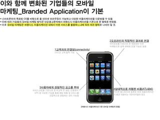 이와 함께 변화된 기업들의 모바일
마케팅_Branded Application이 기본
1고객과의 연결성(connectivity)
24시간 고객 밀착 가능
2오프라인의 직접적인 결과로 연결
위치정보를 기반으로 한 세분화된 타겟
마케팅으로 실제 판매로 연결 가능성 높음
3사용자에게 경험적인 요소를 부여
터치스크린을 기반으로 한 비교적 큰 화면, 진동센서,
GPS 등 다양한 기능을 통해 해당 제품 및 서비스를
간접적으로 경험하는 것이 가능함
4상대적으로 저렴한 비용(ATL대비)
아이폰 앱스토어에 등록된 유료 애플리케이션
의 평균 개발비는 3만5000달러 정도
[브랜디드 어플리케이션 기본 모바일 마케팅의 장점]
 스마트폰만의 특화된 OS를 바탕으로 풀 인터넷 브라우징이 가능하고 다양한 어플리케이션을 다운받을 수 있음
 이에 따라 기업들의 모바일 마케팅 방식은 단순광고문자에서 브랜드디 어플리케이션을 기본으로 한 형태로 변화함.
 이후 모바일 마케팅은 브랜디드 어플리케이션 내에서 어떤 서비스를 활용하느냐에 따라 여러 형태로 나뉘어 질 것.
 