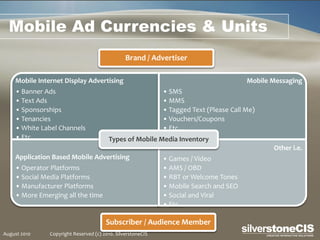 Mobile Ad Currencies & Units
                                                Brand / Advertiser

    Mobile Internet Display Advertising                                                 Mobile Messaging
    • Banner Ads                                             • SMS
    • Text Ads                                               • MMS
    • Sponsorships                                           • Tagged Text (Please Call Me)
    • Tenancies                                              • Vouchers/Coupons
    • White Label Channels                                   • Etc…
    • Etc…                              Types of Mobile Media Inventory
                                                                                               Other i.e.
    Application Based Mobile Advertising                     • Games / Video
    • Operator Platforms                                     • AMS / OBD
    • Social Media Platforms                                 • RBT or Welcome Tones
    • Manufacturer Platforms                                 • Mobile Search and SEO
    • More Emerging all the time                             • Social and Viral
                                                             • Etc...

                                       Subscriber / Audience Member
August 2010    Copyright Reserved (c) 2010. SilverstoneCIS
 