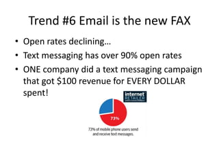 Trend #6 Email is the new FAX
• Open rates declining…
• Text messaging has over 90% open rates
• ONE company did a text messaging campaign
  that got $100 revenue for EVERY DOLLAR
  spent!
 
