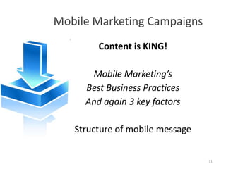 Mobile Marketing Campaigns
        Content is KING!

      Mobile Marketing’s
     Best Business Practices
     And again 3 key factors

   Structure of mobile message


                                 31
 