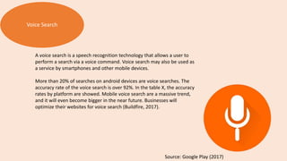 Voice Search
A voice search is a speech recognition technology that allows a user to
perform a search via a voice command. Voice search may also be used as
a service by smartphones and other mobile devices.
More than 20% of searches on android devices are voice searches. The
accuracy rate of the voice search is over 92%. In the table X, the accuracy
rates by platform are showed. Mobile voice search are a massive trend,
and it will even become bigger in the near future. Businesses will
optimize their websites for voice search (Buildfire, 2017).
Source: Google Play (2017)
 