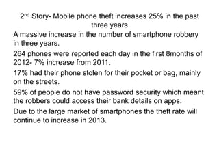 2nd Story- Mobile phone theft increases 25% in the past
                         three years
A massive increase in the number of smartphone robbery
in three years.
264 phones were reported each day in the first 8months of
2012- 7% increase from 2011.
17% had their phone stolen for their pocket or bag, mainly
on the streets.
59% of people do not have password security which meant
the robbers could access their bank details on apps.
Due to the large market of smartphones the theft rate will
continue to increase in 2013.
 