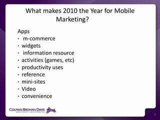What makes 2010 the Year for Mobile Marketing? 3Apps m-commercewidgets information resourceactivities (games, etc)productivity usesreferencemini-sitesVideoconvenience