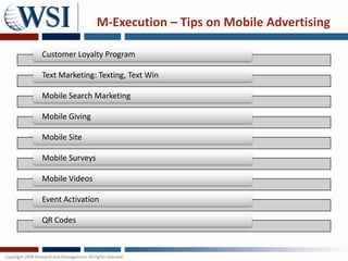 M-Execution – Tips on Mobile Advertising

Customer Loyalty Program

Text Marketing: Texting, Text Win

Mobile Search Marketing

Mobile Giving

Mobile Site

Mobile Surveys

Mobile Videos

Event Activation

QR Codes
 