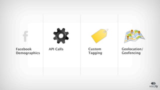 Facebook 
Demographics

API Calls

Custom 
Tagging

Geolocation/ 
Geofencing

 