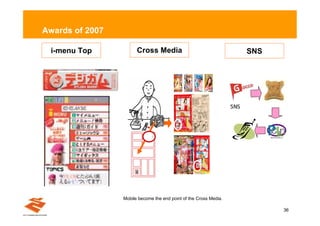 Awards of 2007

 i-menu Top            Cross Media                                      SNS




                                                                   SS
                                                                   N


                           0]0S0g
                              !




                 Mobile become the end point of the Cross Media.

                                                                              36
 
