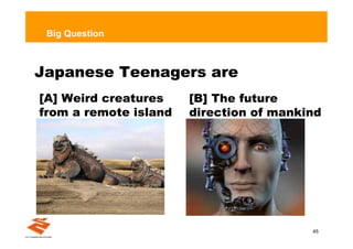 Big Question



Japanese Teenagers areÿeee
                        ÿ ÿ
[A] Weird creatures    [B] The future
from a remote island   direction of mankind




                                         45
 