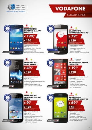 VODAFONE
SMArTPHONES

SMARTPHONE
SAMSUNG GALAXY
EXPRESS II

€

SMARTPHONE
VODAFONE SMART 4G

90
199,

€

€ 120 a pós-pago
DESCONTO na adesão

€ 120 a pós-pago
DESCONTO na adesão

rED+ (Pré-pago: € 319,90)

SEGURO 1 ANO € 54

• Sistema operativo Android
• Ecrã tátil 4.5’’
• Processador 1.7GHz Dual Core
• Câmara 5 Megapíxeis
• Memória interna 8GB
• Slot para cartão de memória até 64GB

rED+ (Pré-pago: € 199,90)

4G

SEGURO 1 ANO € 54

• Sistema operativo Android
• Ecrã tátil 4.5’’
• Processador 1.2GHz Dual Core
• Câmara 8 Megapíxeis
• Memória interna 8GB
• Slot para cartão de memória até 32GB

SMARTPHONE NOKIA
LUMIA 520

SMARTPHONE
SONY XPERIA J

€

90
79,

90
49,

€

90
19,

€ 120 a pós-pago
DESCONTO na adesão

SEGURO 1 ANO € 54

€ 120 a pós-pago
DESCONTO na adesão

rED+ (Pré-pago: € 169,90)

rED+ (Pré-pago: € 139,90)

• Sistema operativo Android
• Ecrã tátil 4.0”
• Processador 1GHz
• Câmara de 5 Megapíxeis com flash LED
e gravação de vídeo
• Memória interna de 4GB e slot
para cartão de memória até 32GB

• Sistema operativo Windows Phone 8
• Ecrã tátil 4.0’’
• Processador 1.0GHz Dual Core
• Câmara de 5 Megapíxeis
com gravação de vídeo
• Memória interna de 8GB e slot
para cartão de memória até 64GB
• GPS, Wi-Fi e Bluetooth

SEGURO 1 ANO € 32

SMARTPHONE
SAMSUNG GALAXY
TREND

€

SMARTPHONE
VODAFONE SMART III

90
9,

€

90
69,

€ 120 a pós-pago
DESCONTO na adesão

€ 50na adesão a pós-pago
DESCONTO

• Sistema operativo Android
• Ecrã tátil 4.0’’
• Processador 1.0GHz
• Câmara de 5 Megapíxeis com flash
e gravação de vídeo
• Memória interna de 2GB e slot
para cartão de memória até 32GB
• A-GPS, Wi-Fi e Bluetooth

• Sistema operativo Android
• Ecrã tátil 4.0’’
• Processador 1.0GHz
• Câmara de 5 Megapíxeis
• Memória interna de 4GB e e slot
para cartão de memória até 32GB
• A-GPS, Wi-Fi e Bluetooth

rED+ (Pré-pago: € 129,90)

SEGURO 1 ANO € 32

BASE+ (Pré-pago: € 119,90)

SEGURO 1 ANO € 32

19

 