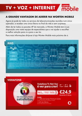 TV + VOZ + INTERNET
A GRANDE VANTAGEM DE ADERIR NA WORTEN MOBILE
Agora já pode ter todos os serviços de telecomunicações reunidos num único
operador, e receber uma única fatura no ﬁnal do mês e sem surpresas.
Além de ter todos os pacotes 4P do mercado, a Worten Mobile tem à sua
disposição uma vasta equipa de especialistas que o vai ajudar a escolher
a melhor solução para si e para o seu lar.
Para mais informações dirija-se à loja Worten Mobile mais próxima de si.

M4O
Televisão

Internet

FIBRA

120 Canais

100 Mbps

ADSL

115 Canais

24 Mbps

SATÉLITE(1)

65 Canais

24 Mbps

Telefone

Telemóvel

Mensalidade

2 cartões

de telemóvel
Ilimitado para
com chamadas
redes fixas
e
nacionais
sms ilimitados(3)
e
+
50 destinos
200 MB
de internet
internacionais(2)
por cartão

(4)

Ofertas

Instalação (€80) (5)
1ª Mensalidade para novos
clientes televisão
Até €10/mês de desconto
por número móvel portado(6)

(1) Condições Comerciais válidas fora das zonas C. (2) Chamadas ilimitadas para redes fixas nacionais e para 50 destinos internacionais das 21h às 9h (inclui 1000 minutos por mês). (3) As comunicações de voz e sms estão sujeitas a uma política de utilização responsável.
(4) O valor da MEOBox não está incluído no preço apresentado. Fibra: O aluguer da MEOBox (DVR Full HD) é de €1/mês, durante 24 meses, para novas adesões. Após 24º mês aplica-se a mensalidade de €5,50/mês. 2ª ou 3ª MEOBox (Full HD) a €5/mês. ADSL: É necessário
MEOBox (DVR Full HD). Oferta da MEOBox (DVR Full HD) durante 24 meses, para novas adesões. Após 24º mês aplica-se a mensalidade de €5,50/mês. MEOBox Full HD €3,60/mês. SATÉLITE: Para obter o serviço de Televisão por Satélite é obrigatória a instalação de uma
MEOBox DVR Full HD ou MEOBox Full HD. O aluguer da MEOBox (DVR Full HD) é de €5,5/mês e MEOBox (Full HD) a €3,5/mês. Opcionalmente pode adquirir MEOBox Full HD por €79. (5) Válido para Fibra e ADSL. Satélite: Desconto de 50% sobre o valor de referência da
instalação da MEOBox + Antena (€80) (6) Exclusivo para adesões com portabilidade de números móveis para a MEO Rede Móvel. Sujeito a validação. Limitado a 2 cartões por pacote.
No MEO Fibra as velocidades de ligação indicadas referem-se às velocidades de transmissão de dados entre a sua casa e a central da PT. No MEO ADSL e MEO Satélite as velocidades de Internet apresentadas dizem respeito às velocidades máximas para cada cliente de
acordo com as características técnicas da linha. As condições comerciais apresentadas estão em vigor para novas adesões até 31 de Março de 2014 e implicam um período de permanência de 24 meses. IVA incluído à taxa de 23%. Para mais informações consulte meo.pt.

VODAFONE

A única
oferta 4P
com controlo
de custos
nos cartões
móveis

 