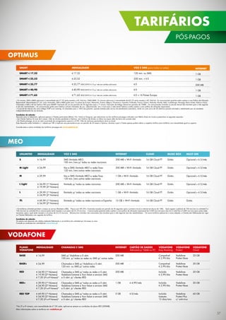 TARIFÁRIOS
PÓS-PAGOS
OPTIMUS
SMART

MENSALIDADE

VOZ E SMS (para todas as redes)

INTERNET

SMART € 17,32

€ 17,32

120 min. ou SMS

1 GB

SMART € 25,52

€ 25,52

250 min. + € 0

1 GB

SMART € 35,77

€ 35,77

DESCONTO € 15 p/ mês em cartões adicionais

€0

200 MB

SMART € 40,90

€ 40,90

DESCONTO € 15 p/ mês em cartões adicionais

€0

1 GB

SMART € 71,65

€ 71,65

DESCONTO € 15 p/ mês em cartões adicionais

€ 0 + 16 Países Europa

1 GB

· Os minutos, SMS e MMS adicionais à mensalidade de €17,32 serão taxados a €0,164/min./SMS/MMS. Os minutos adicionais à mensalidade de €25,52 serão taxados a €0,164/min. As comunicações gratuitas estão sujeitas a uma Política de Utilzação
Responsável. Mensalidade €71,65, inclui chamadas, SMS e MMS grátis para 16 países da Europa: Alemanha, Áustria, Bélgica, Dinamarca, Espanha, Finlândia, França, Grécia, Holanda, Irlanda, Itália, Luxemburgo, Noruega, Reino Unido, Suécia e Suiça.
Chamadas e SMS a €0 de Optimus TAG para SMART. Faturação de voz em períodos de 30 segundos após o 1º minuto. Faturação de tráfego internet em períodos de 100KB. · As comunicações incluídas no pacote mensal não transitam para o mês seguinte
e não são reembolsadas. · As comunicações grátis para Optimus incluem chamadas de voz, videochamada, sms, e mms para a rede móvel Optimus e estão sujeitas a uma política de utilização responsável.
· O pacote de internet não inclui tráfego VOIP e em roaming. As chamadas para o 1693 são gratuitas, quando tratadas pelo serviço de atendimento automático, tendo um custo único de 20 cêntimos quando solicitado o atendimento por um assistente,
independentemente da sua duração.
Condições de adesão
Desconto para os telemóveis, aplica-se apenas a Clientes particulares (Móvel, Clix, Home ou Kanguru), que subscrevam um dos tarifários pós-pagos indicados com Débito Direto em Conta e preencham os seguintes requisitos:
· Ser Cliente Optimus há mais de 6 meses · Não ter dívidas pendentes à Optimus, nem histórico de dívidas no último ano (para além da fatura do corrente mês)
· Se Cliente pré-pago, ter já um valor acumulado de carregamentos superior a €100 · Não ter nenhuma permanência ativa no móvel
Estes descontos estão limitados a 1 adesão por NIF e implicam uma permanência por um período de 24 meses à Optimus, durante a qual o Cliente apenas poderá alterar o respetivo tarifário para tarifários com mensalidade igual ou superior.
Consulte estas e outras condições dos tarifários pós-pagos em www.optimus.pt.

MEO
UNLIMITED

MENSALIDADE

VOZ E SMS

INTERNET

CLOUD

MUSIC BOX

MULTI SIM

S

€ 16,99

SMS ilimitado MEO
100 min./sms p/ todas as redes nacionais

200 MB + Wi-Fi ilimitado

16 GB Cloud PT

Grátis

Opcional + € 5/mês

M Light

€ 24,99

Voz e SMS ilimitado MEO e redes ﬁxas
120 min./sms outras redes nacionais

200 MB + Wi-Fi ilimitado

16 GB Cloud PT

Grátis

Opcional + € 5/mês

M

€ 29,99

Voz e SMS ilimitado MEO e redes ﬁxas
120 min./sms outras redes nacionais

1 GB + Wi-Fi ilimitado

16 GB Cloud PT

Grátis

Opcional + € 5/mês

L Light

€ 34,99 (1º Número)
€ 19,99 (2º Número)

Ilimitado p/ todas as redes nacionais

200 MB + Wi-Fi ilimitado

16 GB Cloud PT

Grátis

Opcional + € 5/mês

L

€ 39,99 (1º Número)
€ 24,99 (2º Número)

Ilimitado p/ todas as redes nacionais

1 GB + Wi-Fi ilimitado

16 GB Cloud PT

Grátis

Opcional + € 5/mês

XL

€ 69,99 (1º Número)
€ 54,99 (2º Número)

Ilimitado p/ todas as redes nacionais e Espanha

15 GB + Wi-Fi ilimitado

16 GB Cloud PT

Grátis

Grátis

· Os tarifários unlimited permitem o acesso ao serviço Blackberry (BIS). · Preços com IVA 23%; Chamadas taxadas em período de 30 segundos após o primeiro minuto e internet em blocos de 10Kb. · Após esgotar o plafond de 100 min/sms no unlimited S e
120 min/sms no unlimited M as comunicações serão taxadas a um preço de € 0,18 min/sms. · Comunicações gratuitas estão sujeitas a uma política de utilização responsável de 5.000 min/sms para meo tmn e rede ﬁxa e 2.000 min/sms para outras redes
nacionais, após o qual serão taxadas a um preço de € 0,10 min/sms. · Minutos/sms incluídos não consumidos não transitam para o mês seguinte nem são reembolsáveis. · Os novos tarifários aplicam-se a novas adesões, a Clientes sem ﬁdelizações em vigor
ou Clientes ﬁdelizados com upgrade de tarifário.
Condições de adesão
Os preços com desconto são válidos mediante ﬁdelização a um tarifário tmn unlimited por 24 meses ou mais.
Consulte as condições tmn unlimited em www.tmn.pt.

VODAFONE
PLANO
VODAFONE

MENSALIDADE

CHAMADAS E SMS

BASE

€ 16,99

BASE+

€ 24,99

RED

INTERNET

CARTÃO DE DADOS
Adicional p/ Tablet ou PC

VODAFONE
Easy Roaming

VODAFONE
Protect

VODAFONE
Cloud

200 MB
SMS p/ Vodafone a 0 cênt.
100 min. p/ todas as redes ou SMS p/ outras redes

-

Compatível
€ 2,99/dia

Vodafone
Protect Base

20 GB

Chamadas e SMS p/ Vodafone a 0 cênt.
120 min. ou SMS p/ outras redes

200 MB

-

Compatível
€ 2,99/dia

Vodafone
Protect Base

20 GB

€ 34,90 (1º Número)
€ 19,90 (2º Número)
€ 7,50 (3º e 4º Número)*

Chamadas e SMS p/ todas as redes a 0 cênt.
Vodafone Extreme e Yorn falam e enviam SMS
a 0 cênt. p/ clientes RED

200 MB

-

Incluído
€ 2,99/dia

Vodafone
Protect Base

20 GB

RED+

€ 39,90 (1º Número)
€ 24,90 (2º Número)
€ 7,50 (3º e 4º Número)*

Chamadas e SMS p/ todas as redes a 0 cênt.
Vodafone Extreme e Yorn falam e enviam SMS
a 0 cênt. p/ clientes RED

1 GB

€ 4,99/mês

Incluído
€ 2,99/dia

Vodafone
Protect Base

20 GB

RED TOP

€ 69,90 (1º Número)
€ 54,90 (2º Número)
€ 7,50 (3º e 4º Número)*

Chamadas e SMS p/ todas as redes a 0 cênt.
Vodafone Extreme e Yorn falam e enviam SMS
a 0 cênt. p/ clientes RED

5 GB

€ 0/mês

Incluído
Gratuito
15 dias/ano

Vodafone
Protect Plus
c/ anti-virus

60 GB

*No 3º e 4º número, com mensalidade de € 7,50 cada, aplicam-se sempre as condições do plano RED (200MB).
Mais informações sobre os tarifários em vodafone.pt.

37

 