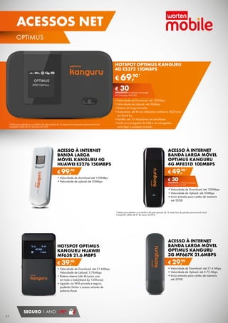 ACESSOS NET
OPTIMUS

HOTSPOT OPTIMUS KANGURU
4G E5372 150MBPS
90*

€ 69,
€ 30

DESCONTO na adesão a pós-pago
4G (Pré-pago: € 99,90)

*Válido para adesões a um tarifário 4G pelo período de 12 meses fora do período promocional inicial.
Campanha válida até 31 de março de 2014.

•	Velocidade de Download: até 150Mbps
•	Velocidade de Upload: até 50Mbps
•	Bateria de longa duração
•	Autonomia: até 6h em utilização contínua e 300 horas
em Stand by
•	Partilha até 10 utilizadores em simultâneo
•	Inclui um carregador de USB e um carregador
para ligar a qualquer tomada

ACESSO À INTERNET
BANDA LARGA
MÓVEL KANGURU 4G
HUAWEI E3276 150MBPS

ACESSO À INTERNET
BANDA LARGA MÓVEL
OPTIMUS KANGURU
4G MF821D 100MBPS

90
€ 99,

90*
€ 49,
€ 30

•	Velocidade de download até 150MBps
•	Velocidade de upload até 50Mbps

DESCONTO na adesão a pós-pago
4G (Pré-pago: € 79,90)

•	Velocidade de Download: até 100Mbps
•	Velocidade de Upload: até 50Mbps
•	Inclui entrada para cartão de memória
até 32GB

*Válido para adesões a um tarifário 4G pelo período de 12 meses fora do período promocional inicial.
Campanha válida até 31 de março de 2014.

HOTSPOT OPTIMUS
KANGURU HUAWEI
MF63B 21.6 MBPS

ACESSO À INTERNET
BANDA LARGA MÓVEL
OPTIMUS KANGURU
3G MF667K 21.6MBPS

90
€ 39,
•	Velocidade de Download: até 21.6Mbps
Velocidade de Upload: 5.76Mbps
•	Bateria interna (até 4h) para usar
em todo o lado(Stand by 150horas)
•	Ligação via Wi-fi privada e segura,
podendo limitar o acesso através de
palavra-chave

44

SEGURO 1 ANO

90
€ 29,
•	Velocidade de Download: até 21.6 Mbps
•	Velocidade de Upload: até 5.75 Mbps
•	Inclui entrada para cartão de memória
até 32GB

90
€ 9,

 