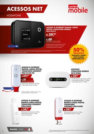 ACESSOS NET
VODAFONE

ACESSO À INTERNET BANDA LARGA
MÓVEL VODAFONE MOBILE
WI-FI R215
90*

€ 39,
€ 60

DESCONTO na adesão a pós-pago
VODAFONE ON (Pré-pago: € 99,90)

•	Partilha Banda Larga Móvel via Wi-Fi
•	Velocidade download: 150 Mbps
V
•	Velocidade upload: 50 Mbps
V

4G

50%

*Desconto de € 30 no momento da compra e devolução de € 30 repartida pelas 24 primeiras mensalidades, na adesão ao Vodafone On por 24 meses.
Na adesão ao Vodafone On, por apenas 12 meses, terá apenas um desconto de € 30 no momento da compra.
Campanha válida até 31 de março de 2014.

DESCONTO

DURANTE 6 MESES
NOS PLANOS
VODAFONE ON**

ACESSO À INTERNET
BANDA LARGA MÓVEL
VODAFONE CONNECT
PEN K5150 4G
90*
€ 69,
€ 30

DESCONTO na adesão a pós-pago
VODAFONE ON (Pré-pago: € 99,90)

•	Velocidade download: 150 Mbps
•	Velocidade upload: 50 Mbps

HOTSPOT
V
VODAFONE MOBILE
W
WI-FI R206
90
€ 39,
• Partilha Banda Larga Móvel via Wi-Fi
• Velocidade download: 21,6 Mbps
• Velocidade upload: 5,7 Mbps

4G

*Válido para adesões ao Vodafone On por 12 meses.
Campanha válida até 31 de março de 2014.

ACESSO À INTERNET
BANDA LARGA MÓVEL
VODAFONE CONNECT
PEN K4305

ACESSO À INTERNET
BANDA LARGA MÓVEL
VODAFONE
CONNECT PEN K4201

90
€ 34,

90
€ 29,

•	Velocidade download: 21,6 Mbps
•	Velocidade upload: 5,7 Mbps
•	Inclui 2 capas extra

46

SEGURO 1 ANO

90
€ 9,

•	Velocidade download: 21,6 Mbps
•	Velocidade upload: 5,7 Mbps

**Válido na adesão ao débito direto e durante 3 meses nos restantes casos. Adesões até 31 de março de 2014
e pelo período contratual mínimo de 12 meses.

 