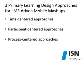 3	
  Primary	
  Learning	
  Design	
  Approaches	
  
for	
  LMS-­‐driven	
  Mobile	
  Mashups	
  
•  Time-­‐centered	
  approaches	
  
•  Par)cipant-­‐centered	
  approaches	
  
•  Process-­‐centered	
  approaches	
  

 