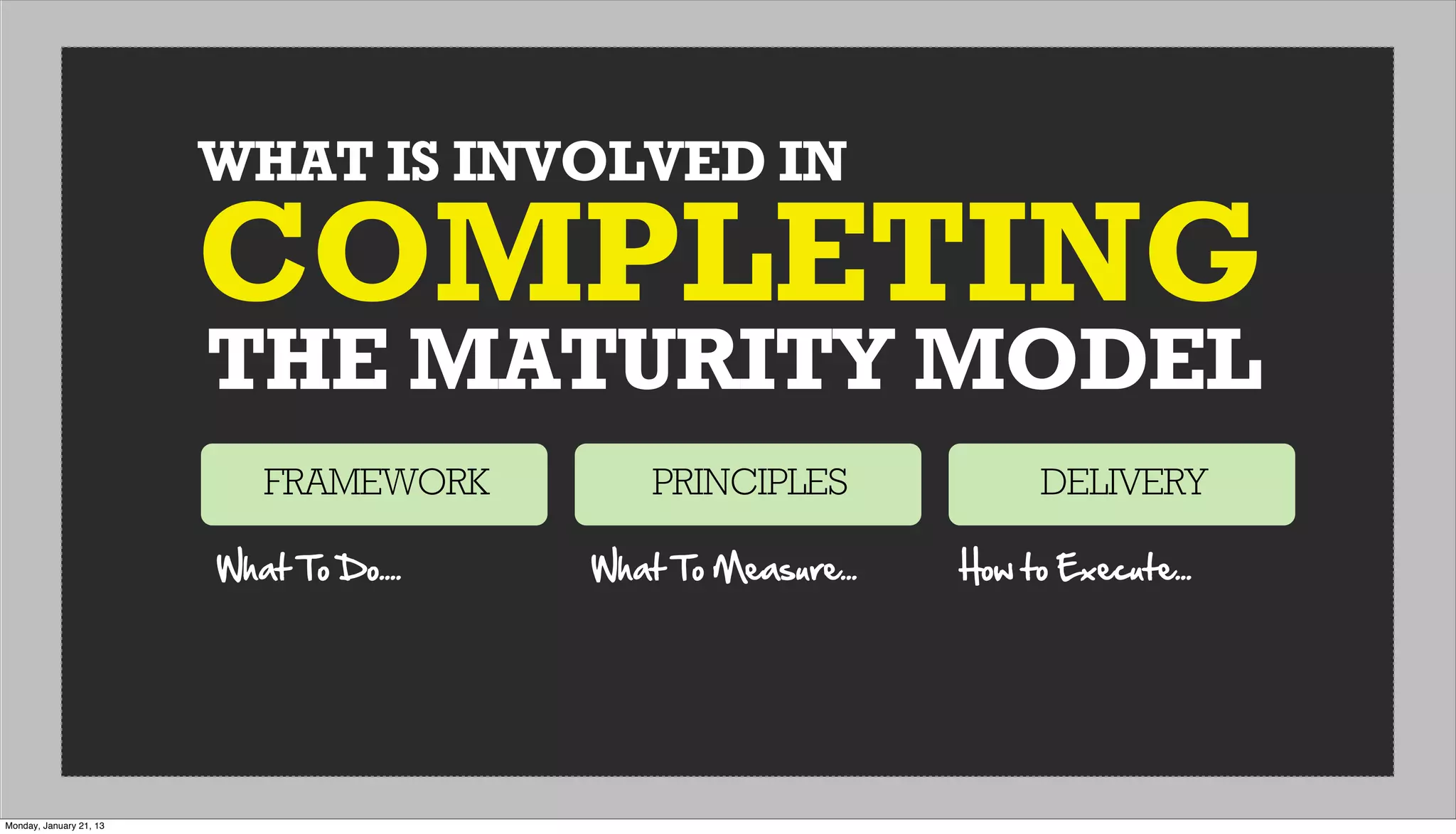 WHAT IS INVOLVED IN
THE MATURITY MODEL
COMPLETING
FRAMEWORK PRINCIPLES DELIVERY
What  To  Do.... What  To  Measure... How  to  Execute...
Monday, January 21, 13
 