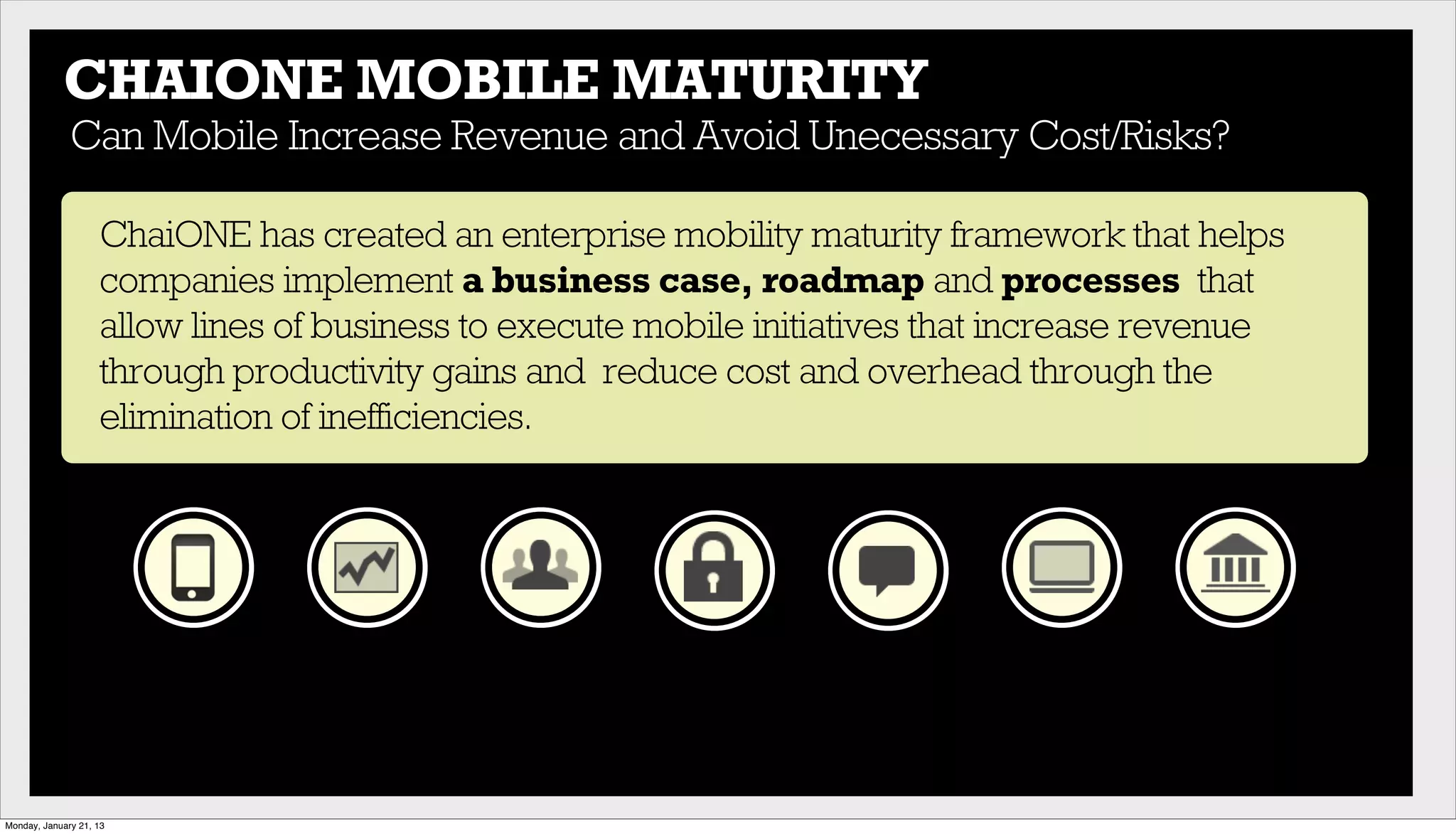 ChaiONE has created an enterprise mobility maturity framework that helps
companies implement a business case, roadmap and processes that
allow lines of business to execute mobile initiatives that increase revenue
through productivity gains and reduce cost and overhead through the
elimination of inefficiencies.
CHAIONE MOBILE MATURITY
Can Mobile Increase Revenue and Avoid Unecessary Cost/Risks?
Monday, January 21, 13
 