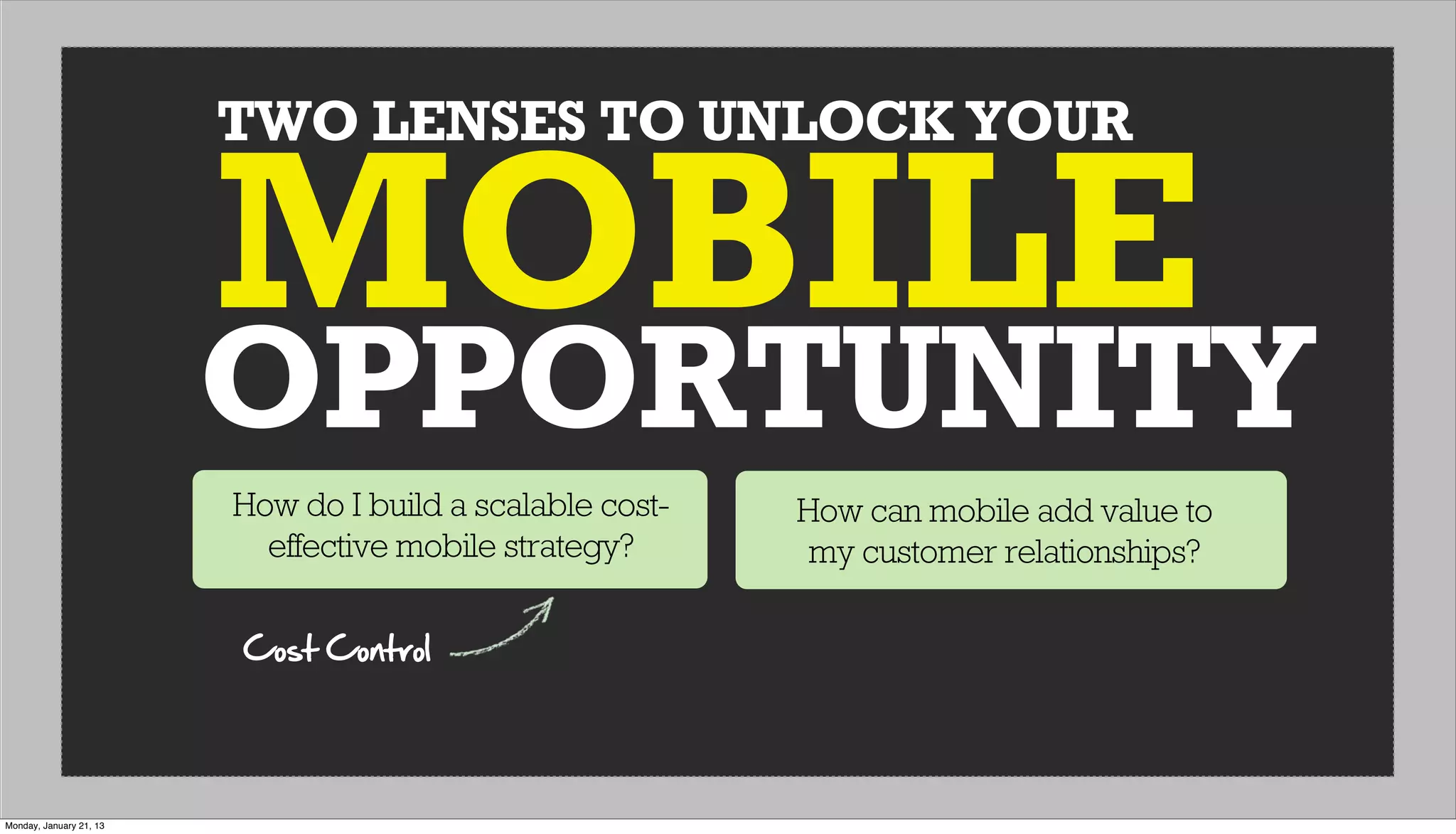 TWO LENSES TO UNLOCK YOUR
OPPORTUNITY
MOBILE
How do I build a scalable cost-
effective mobile strategy?
How can mobile add value to
my customer relationships?
Cost  Control
Monday, January 21, 13
 