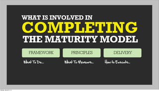 WHAT IS INVOLVED IN
THE MATURITY MODEL
COMPLETING
FRAMEWORK PRINCIPLES DELIVERY
What  To  Do.... What  To  Measure... How  to  Execute...
Monday, January 21, 13
 