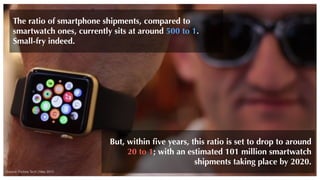 Source: Forbes Tech | May 2015
But, within ﬁve years, this ratio is set to drop to around
20 to 1; with an estimated 101 million smartwatch
shipments taking place by 2020.
The ratio of smartphone shipments, compared to
smartwatch ones, currently sits at around 500 to 1.
Small-fry indeed.
 