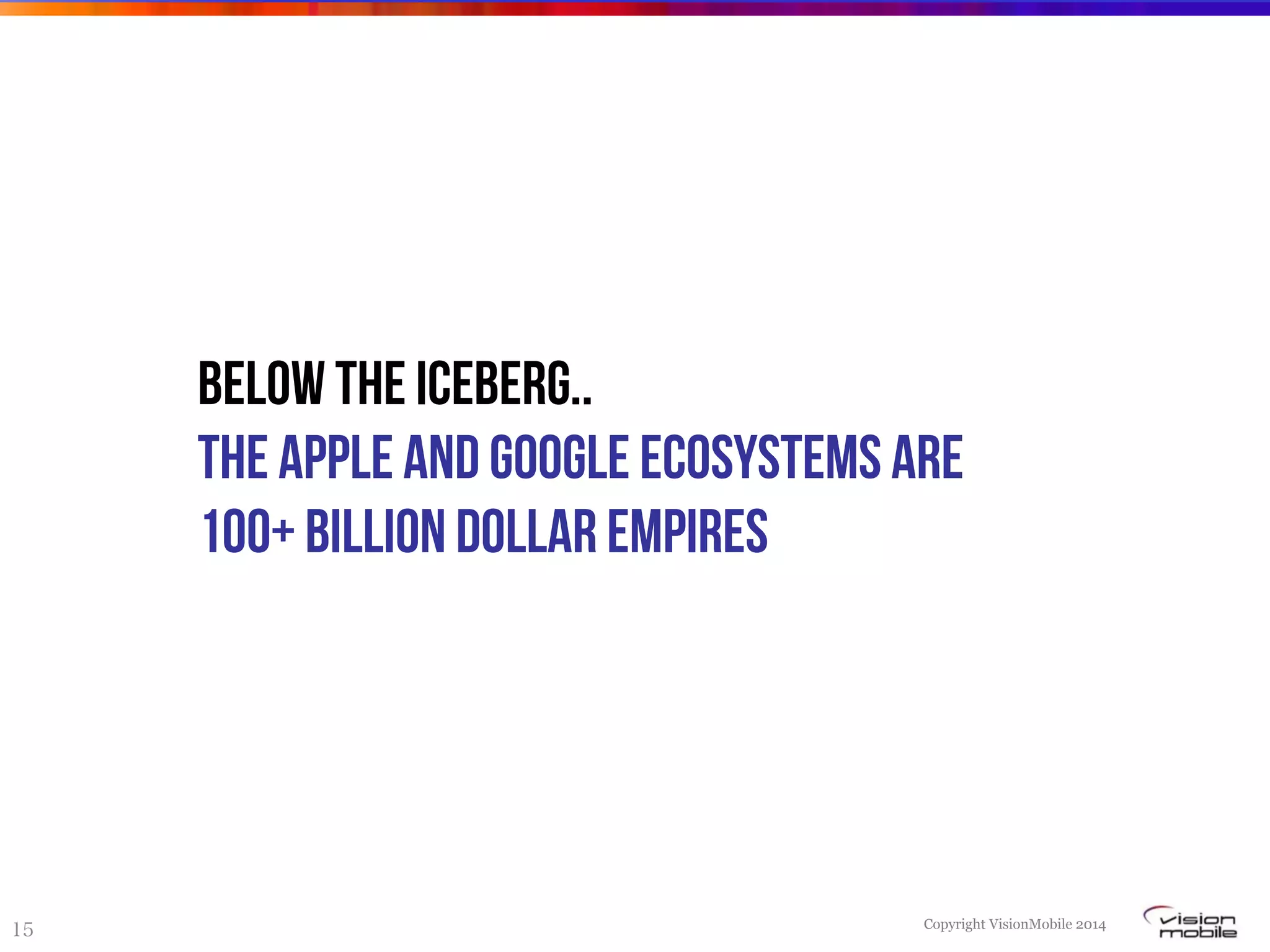 Copyright VisionMobile 2014
15
Below the iceberg..
The Apple and Google ecosystems Are
100+ billion dollar empires
 