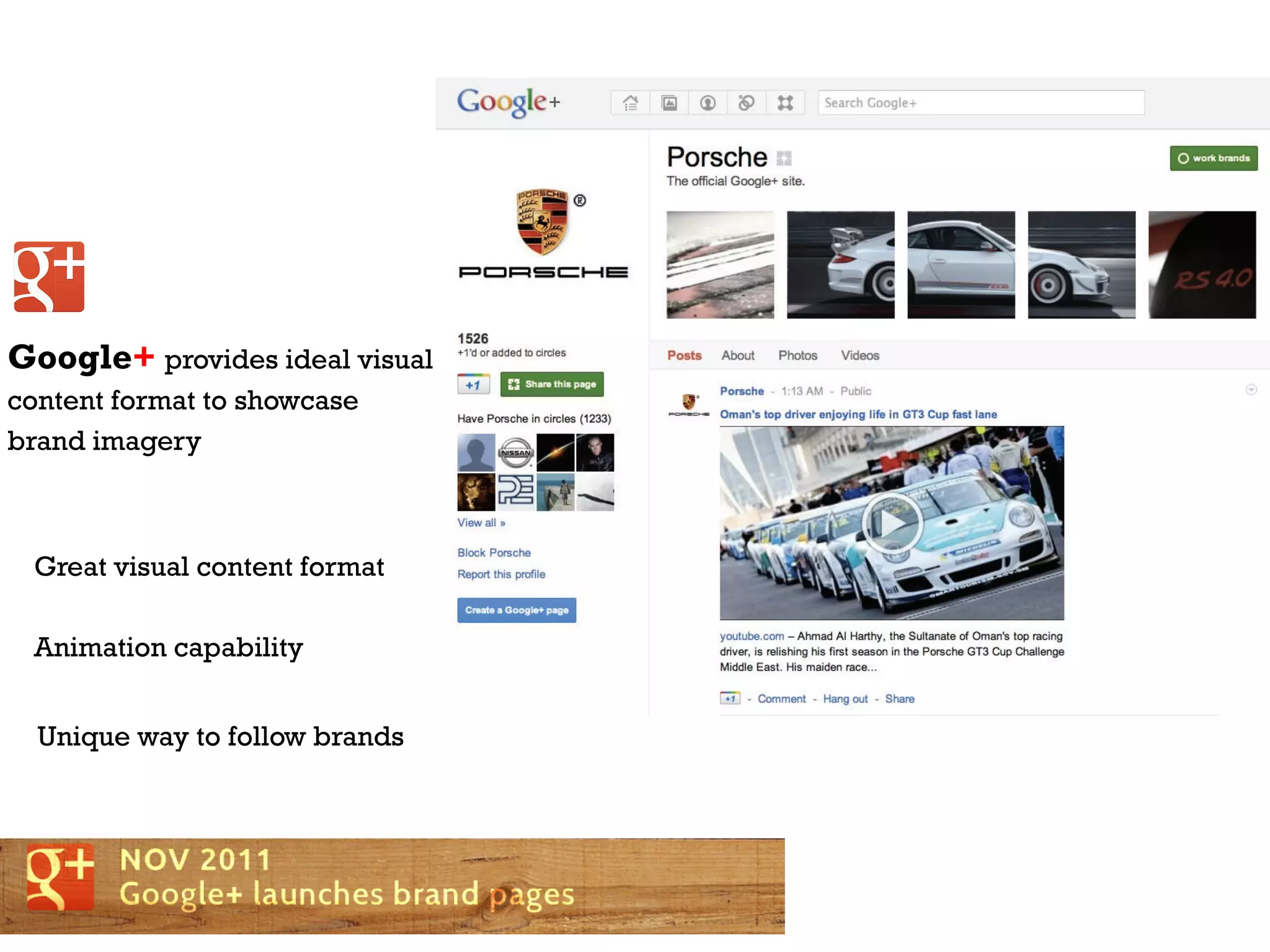 Google+ provides ideal visual
content format to showcase
brand imagery



 Great visual content format

 Animation capability


  Unique way to follow brands
 