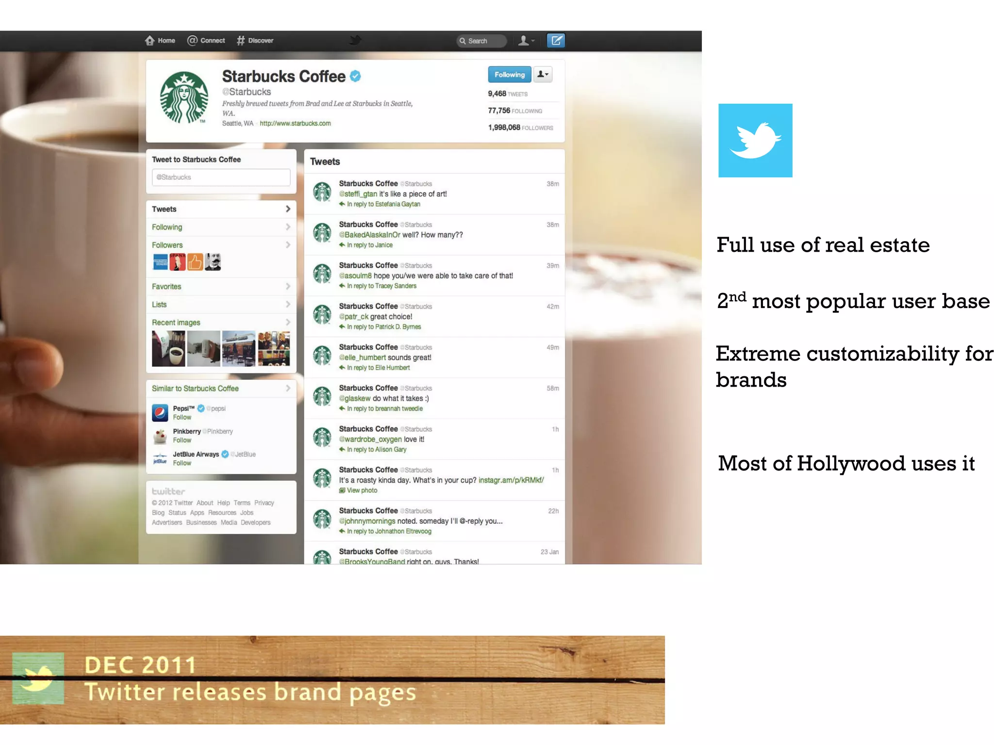 Full use of real estate

2nd most popular user base

Extreme customizability for
brands


Most of Hollywood uses it
 