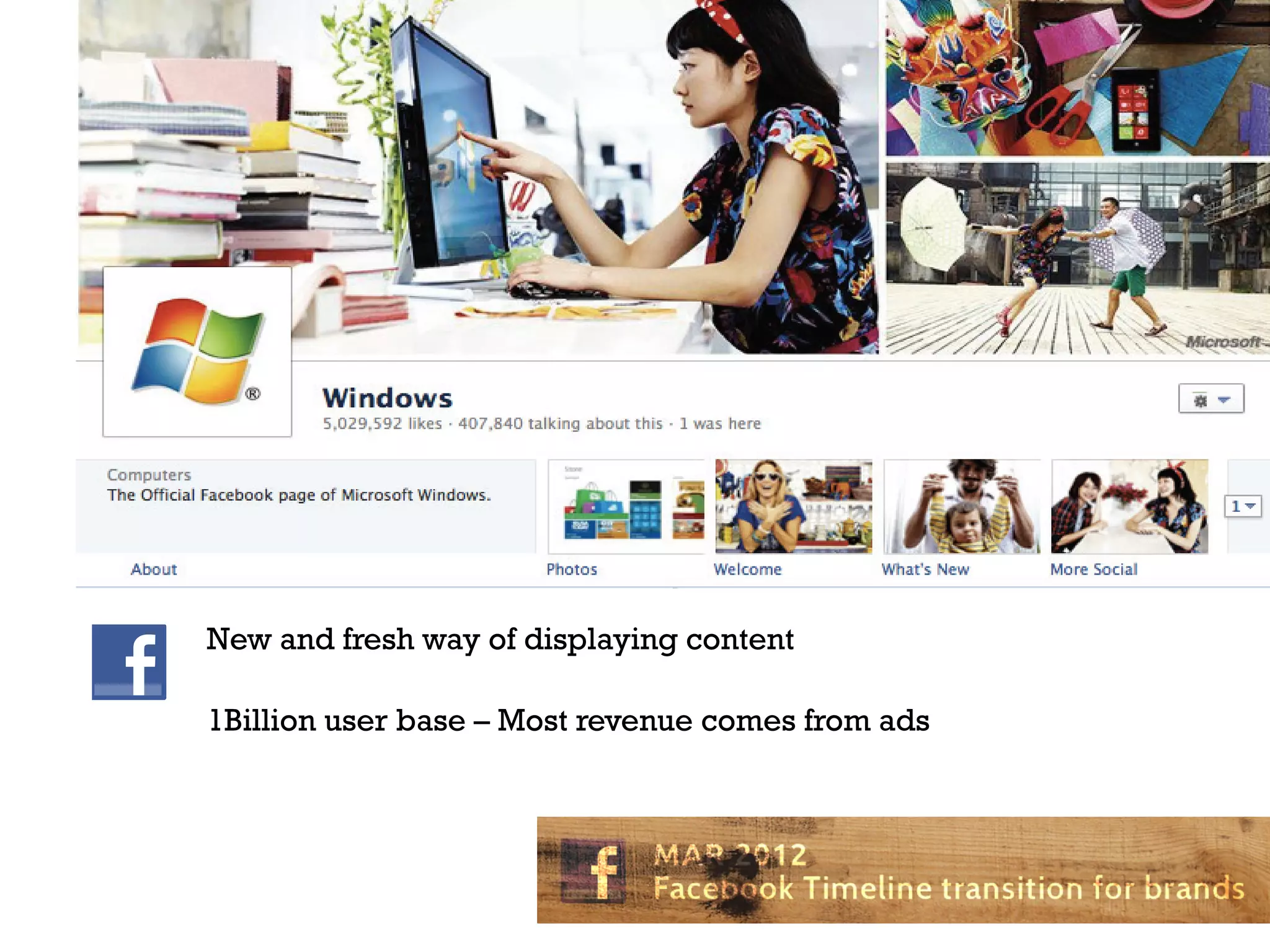 New and fresh way of displaying content

1Billion user base – Most revenue comes from ads
 