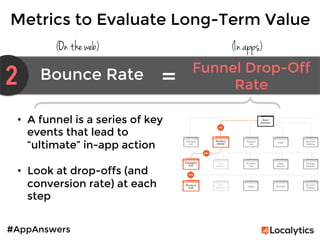 #AppAnswers
Metrics to Evaluate Long-Term Value
(On the web) (In apps)
2 Bounce Rate	
   Funnel Drop-Off
Rate	
  =	
  
•  A funnel is a series of key
events that lead to
“ultimate” in-app action

•  Look at drop-offs (and
conversion rate) at each
step

 