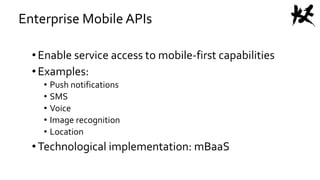 Enterprise Mobile APIs
•Enable service access to mobile-first capabilities
•Examples:
• Push notifications
• SMS
• Voice
• Image recognition
• Location
•Technological implementation: mBaaS
 