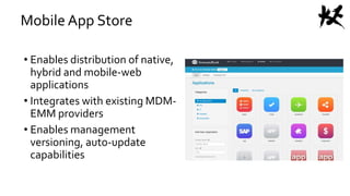 Mobile App Store
• Enables distribution of native,
hybrid and mobile-web
applications
• Integrates with existing MDM-
EMM providers
• Enables management
versioning, auto-update
capabilities
 