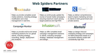 Web Spiders Partners
Helps us provide complete social
media solutions, including strategy
modification and crisis
management in real time.
Helps us continuously update the
course of social media campaigns,
ensuring maximum reach among
target audience and high ROI.
Helps us deliver comprehensive
search engine marketing services
to clients in both government and
private sectors.
Helps us provide end-to-end email
marketing solutions for our global
clients, including strategy,
consulting, design, deployment
and analytics.
Helps us offer complete email
campaign management solutions
to clients, including campaign
strategy, database management
and design.
Helps us design inbound
marketing strategy and campaigns
for B2B enterprises based on a
successful retainer model with
consistently high ROI.
 