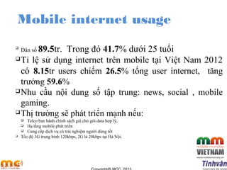 Mobile internet usage

Dân số 89.5tr. Trong đó 41.7% dưới 25 tuổi
Tỉ lệ sử dụng internet trên mobile tại Việt Nam 2012
c...
