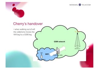 Cherry’s handover
• when walking out of wifi
the cellphone moves the
Wifi leg to a GSM leg




                             6
 