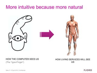 More intuitive because more natural




HOW THE COMPUTER SEES US               HOW LIVING SERVICES WILL SEE
(The “Igoe-Finger”)                                 US


Slide 21 © Fjord 2012 | Confidential
 