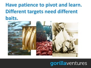 Have patience to pivot and learn.
Different targets need different
baits.
 