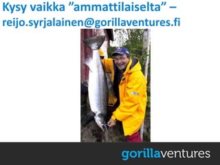 Kysy vaikka ”ammattilaiselta” –
reijo.syrjalainen@gorillaventures.fi
 