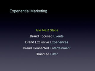Experiential   Marketing The Next Steps Brand Focused  Events Brand Exclusive  Experiences Brand Connected  Entertainment Brand As  Filter 