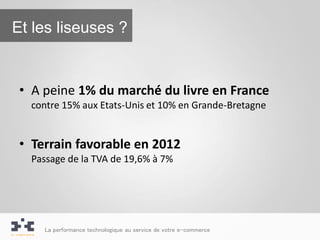 Et les liseuses ?


 • A peine 1% du marché du livre en France
   contre 15% aux Etats-Unis et 10% en Grande-Bretagne


 • Terrain favorable en 2012
   Passage de la TVA de 19,6% à 7%




     La performance technologique au service de votre e-commerce
 
